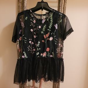 Floral embroidery tulle ruffle top